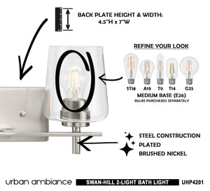 A beautiful lighting fixture picture and instructions for the UHP4201 New Traditional Bath Light 8.5''H x 14.625''W, Brushed Nickel Finish from the Swan-Hill