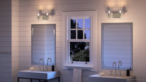 A bathroom with two sinks and a window featuring the UHP4201 New Traditional Bath Light from the Swan-Hill Collection by Urban Ambiance.