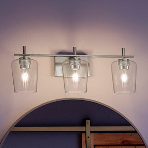 A unique UHP4202 New Traditional Bath Light lighting fixture with a Brushed Nickel Finish and three glass shades, part of the Swan-Hill Collection by Urban Ambiance.