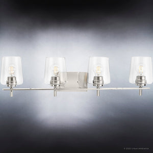 Four beautiful UHP4203 New Traditional Bath Light 8.5''H x 34''W, Brushed Nickel Finish, Swan-Hill Collection with clear glass shades by Urban Ambiance.