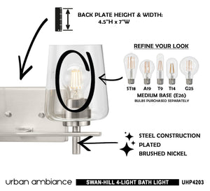 An Urban Ambiance UHP4203 New Traditional Bath Light 8.5''H x 34''W, Brushed Nickel Finish, Swan-Hill Collection with unique lighting fixture instructions