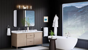 A modern bathroom with a beautiful UHP4203 New Traditional Bath Light 8.5''H x 34''W, Brushed Nickel Finish, Swan-Hill Collection by Urban Amb
