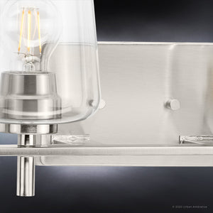 A unique bathroom lighting fixture with a clear glass bulb, UHP4203 New Traditional Bath Light 8.5''H x 34''W, Brushed Nickel Finish, Swan-H
