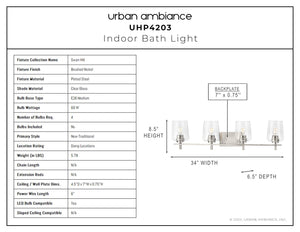A unique diagram showcasing the dimensions of the UHP4203 8.5''H x 34''W New Traditional Bath Light with Brushed Nickel Finish from Urban Ambiance's Swan-Hill