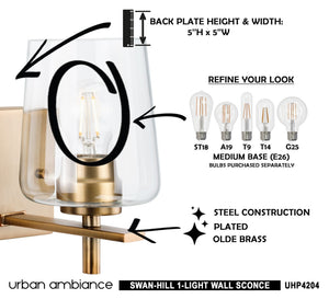 A unique lighting fixture, the UHP4204 New Traditional Wall Sconce 8.5''H x 5''W, Olde Brass Finish from the Swan-Hill Collection by Urban