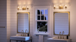 A bathroom with two sinks and a window featuring the gorgeous UHP4206 New Traditional Bath Light 8.5''H x 24.25''W, Olde Brass Finish from