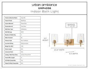 An UHP4206 New Traditional Bath Light 8.5''H x 24.25''W, Olde Brass Finish, Swan-Hill Collection bathroom lighting fixture with three light bulbs,