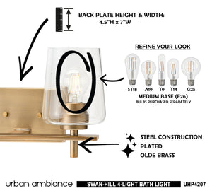 An Urban Ambiance UHP4207 New Traditional Bath Light 8.5''H x 34''W, Olde Brass Finish, Swan-Hill Collection light with stunning design and instructions on