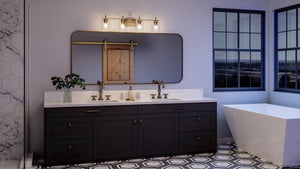 A beautiful bathroom with the Urban Ambiance UHP4207 New Traditional Bath Light 8.5''H x 34''W, Olde Brass Finish, featuring a unique lighting fixture