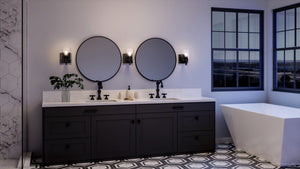 A beautiful black and white bathroom with a unique UHP4208 New Traditional Wall Sconce 8.5''H x 5''W, Midnight Black Finish, Swan-Hill