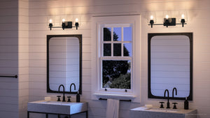 A unique Urban Ambiance bathroom with two sinks and a window, featuring the luxury UHP4210 New Traditional Bath Light 8.5''H x 24.25''W,