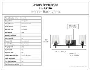 A diagram showing the dimensions of the unique UHP4210 New Traditional Bath Light 8.5''H x 24.25''W, Midnight Black Finish, Swan-Hill Collection by Urban