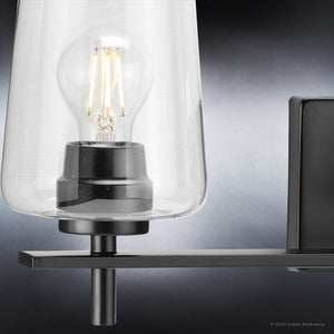 An UHP4210 New Traditional Bath Light 8.5''H x 24.25''W, Midnight Black Finish, Swan-Hill Collection with a gorgeous glass bulb by Urban Ambiance