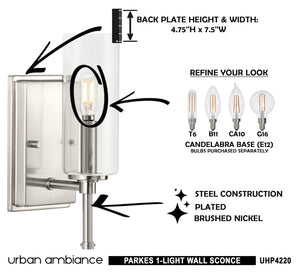 An Urban Ambiance UHP4220 Contemporary Wall Sconce 11.5''H x 4.75''W, Brushed Nickel Finish, Parkes Collection with unique instructions on how