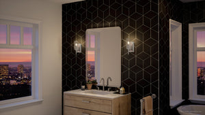 A unique Urban Ambiance black and white bathroom with a beautiful window featuring the UHP4220 Contemporary Wall Sconce 11.5''H x 4.75''W,