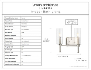 A diagram showing the dimensions of a gorgeous UHP4221 Contemporary Bath Light 11.5''H x 12.5''W, Brushed Nickel Finish, Parkes Collection by Urban Amb