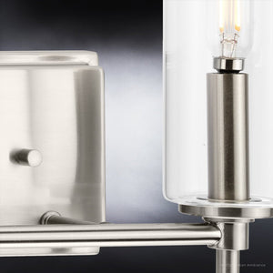 A beautiful UHP4221 Contemporary Bath Light 11.5''H x 12.5''W, Brushed Nickel Finish, Parkes Collection lighting fixture with a clear glass bulb