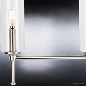 An UHP4223 Contemporary Bath Light 11.5''H x 31.625''W, Brushed Nickel Finish, Parkes Collection light fixture with two cylinders and a glass