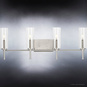 Four UHP4223 Contemporary Bath Light 11.5''H x 31.625''W, Brushed Nickel Finish fixtures with clear glass shades by Urban Ambiance.