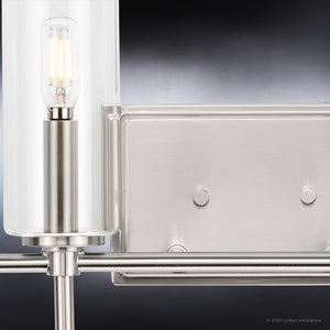 A beautiful bathroom light fixture with a glass cylinder, UHP4223 Contemporary Bath Light 11.5''H x 31.625''W, Brushed Nickel Finish, Parkes Collection