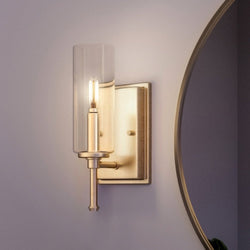An UHP4224 unique wall sconce lighting fixture 11.5''H x 4.75''W with a glass shade, Olde Brass Finish, Parkes Collection from Urban