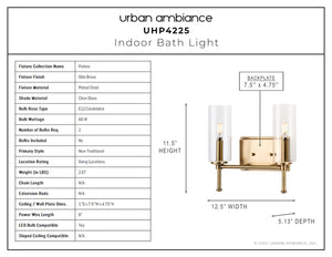 A beautiful lighting fixture depicting the dimensions of the UHP4225 Contemporary Bath Light 11.5''H x 12.5''W, Olde Brass Finish, Parkes Collection by Urban