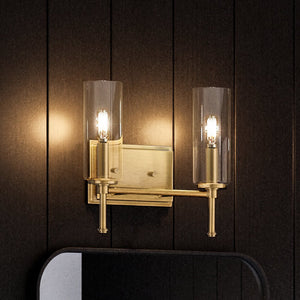 A beautiful Urban Ambiance bathroom vanity with the UHP4225 Contemporary Bath Light 11.5''H x 12.5''W, Olde Brass Finish, Parkes Collection