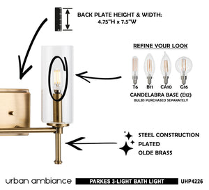 The instructions for how to install the beautiful UHP4226 Contemporary Bath Light 11.5''H x 22.125''W, Olde Brass Finish, Parkes Collection by