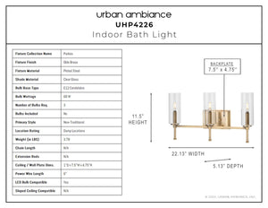 A diagram showcasing the dimensions of a unique and beautiful Urban Ambiance UHP4226 Contemporary Bath Light 11.5''H x 22.125''W, Olde Brass Finish