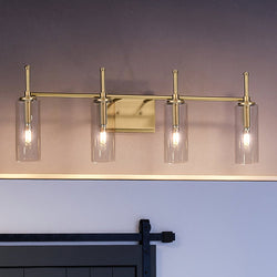 A beautiful lighting fixture with three lamps and a black door, creating an urban ambiance in the bathroom.