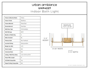 A diagram showing the dimensions of a unique Urban Ambiance UHP4227 Contemporary Bath Light.