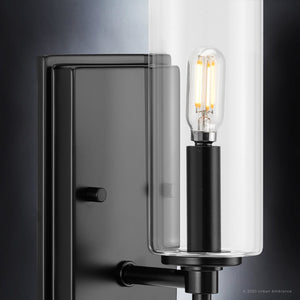 A beautiful lighting fixture in a luxury Midnight Black finish, the Urban Ambiance UHP4228 Contemporary Wall Sconce from the Parkes Collection features clear glass bulb.