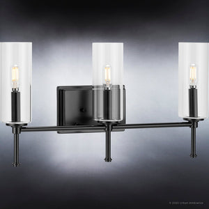 A unique UHP4230 Contemporary Bath Light 11.5''H x 22.125''W, Midnight Black Finish, Parkes Collection bathroom fixture with clear glass shades by Urban