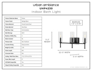 A beautiful contemporary lighting fixture, the UHP4230 Parkes Collection by Urban Ambiance, showcases luxury in its Midnight Black Finish and dimensions of 11.5''H x 22.125