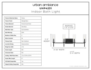 A beautiful diagram of the luxury UHP4231 Contemporary Bath Light 11.5''H x 31.625''W with midnight black finish from the Parkes Collection by Urban Ambiance.