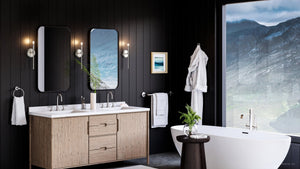 A modern bathroom with a unique UHP4232 Contemporary Wall Sconce 16.625''H x 5.75''W, Brushed Nickel Finish, Parkes Collection by Urban Amb