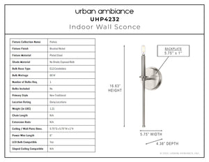 A diagram showcasing the dimensions of the beautiful UHP4232 Contemporary Wall Sconce 16.625''H x 5.75''W, Brushed Nickel Finish, Parkes Collection by