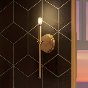 A beautiful lighting fixture, the Urban Ambiance UHP4234 Contemporary Wall Sconce illuminates a black and white tiled wall.