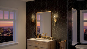 An Urban Ambiance black and gold bathroom with a view of the city featuring the unique UHP4234 Contemporary Wall Sconce 16.625''H x 5.75''W,