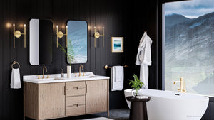 A beautiful bathroom with unique black walls and a UHP4235 Contemporary Wall Sconce 16.625''H x 10.375''W, Olde Brass Finish, Parkes Collection