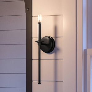 A unique UHP4236 luxury wall sconce with a Midnight Black Finish from the Parkes Collection by Urban Ambiance, elegantly displayed on a white wall.