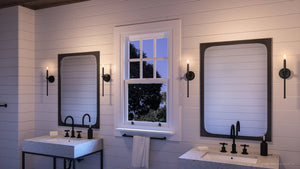 A luxurious and beautiful 3D rendering of a bathroom with two sinks and a window showcasing the Urban Ambiance UHP4236 Contemporary Wall Sconce with Midnight Black Finish from the Parkes Collection