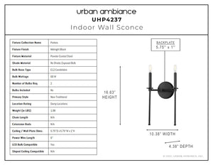 The dimensions of the UHP4237 Contemporary Wall Sconce 16.625''H x 10.375''W, Midnight Black Finish, Parkes Collection by Urban Ambiance gorgeous indoor
