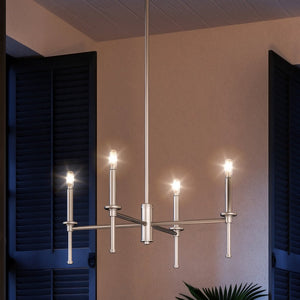 A beautiful Urban Ambiance UHP4238 Contemporary Chandelier in a living room with blue shutters.