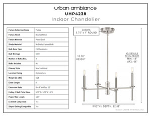 A diagram showing the dimensions of the beautiful UHP4238 Contemporary Chandelier.