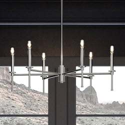 A unique and gorgeous lighting fixture, the UHP4239 Contemporary Chandelier from the Parkes Collection by Urban Ambiance, beautifully illuminates a room with a view of mountains.