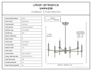 A beautiful diagram showing the dimensions of an Urban Ambiance UHP4239 Contemporary Chandelier 10.375''H x 30''W, Brushed Nickel Finish, Parkes Collection