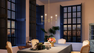 A dining room with a unique lighting fixture, the Urban Ambiance UHP4240 Contemporary Chandelier 10.375''H x 22.875''W, Olde Brass Finish.