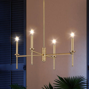 A luxury lighting fixture, the UHP4240 Contemporary Chandelier from Urban Ambiance's Parkes Collection is a gorgeous Olde Brass finish piece with four lights hanging above a window.