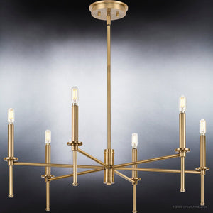 Luxury contemporary chandelier with unique design boasting six lights on a black background.